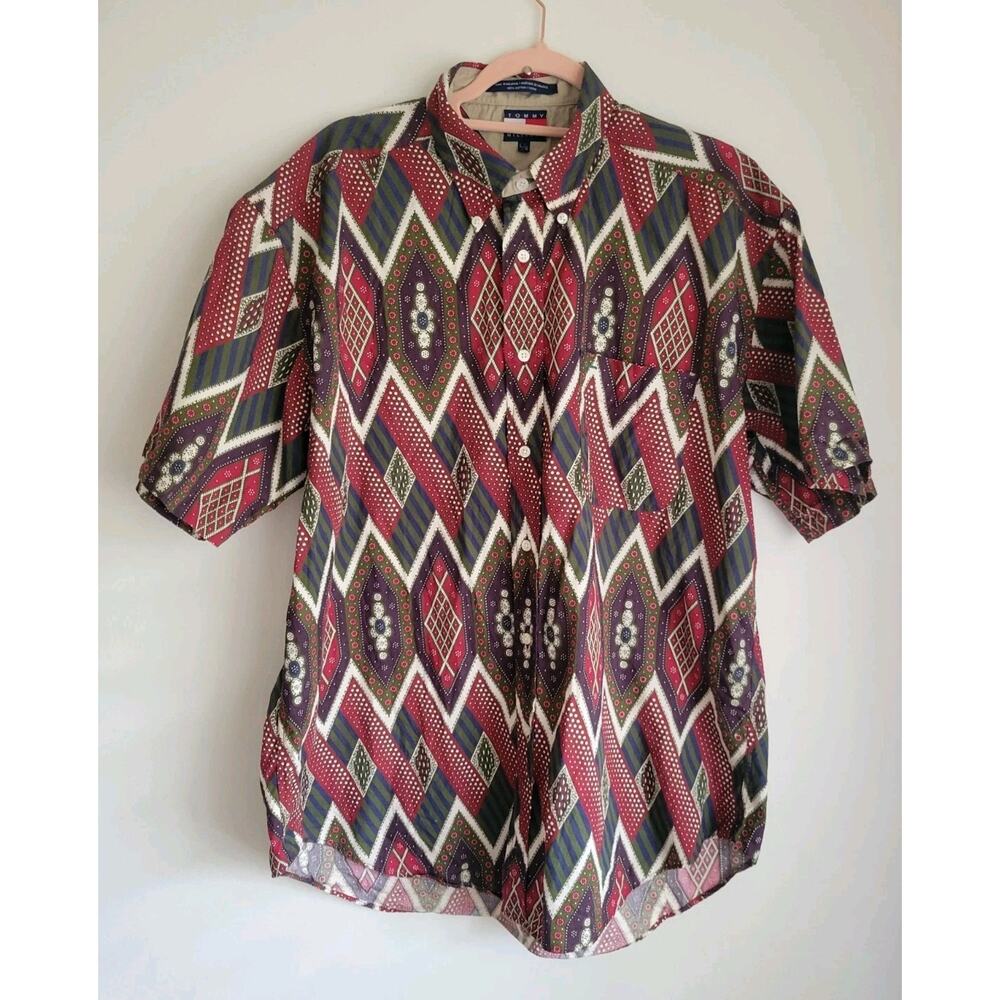 Tommy Hilfiger Men’s Maroon Green Geo 90's Button Front Shirt Size Large